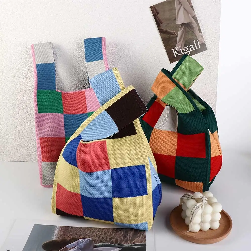 

Вместительная сумка для ланча, кошелек, кошельки в стиле пэчворк, женская сумка-тоут в цветную клетку с узлом, женская сумка через плечо