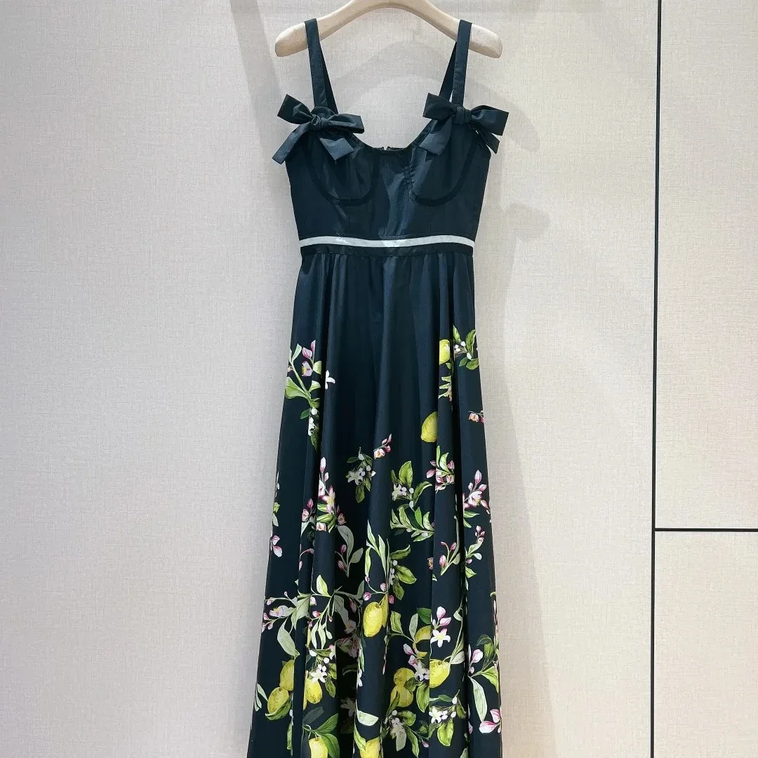 

2024 New Summer Women Clothing Black Lemon Sleeveless Print Cotton Poplin Bow Slip Backless A-line Midi Dress