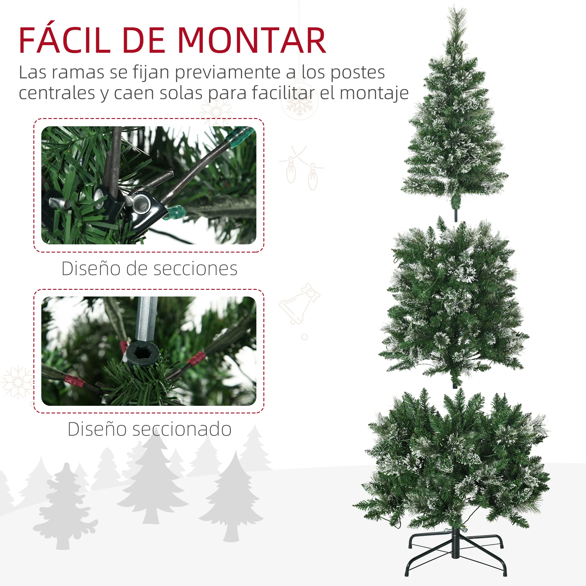 HOMCOM Albero Di Natale LED 180cm Con 810 Luci Bianco Caldo - Decorazione Luminosa Per Interni/Esterni, Artificiale Con Rami Flessibili