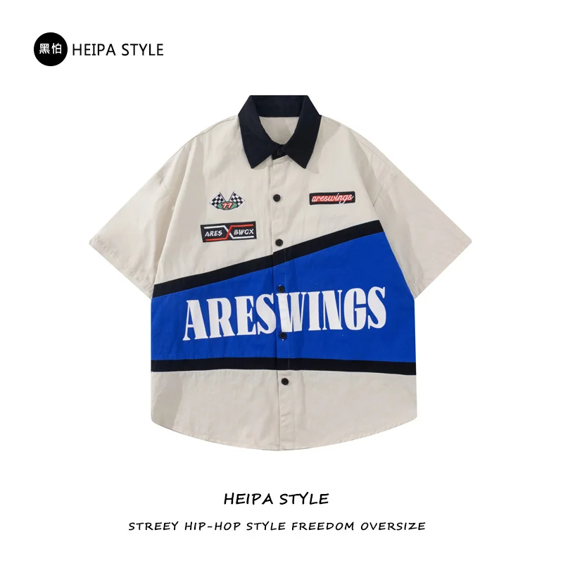 Cotton Shirt American retro embroidery heavy locomotive short sleeved shirt men's summer fashion