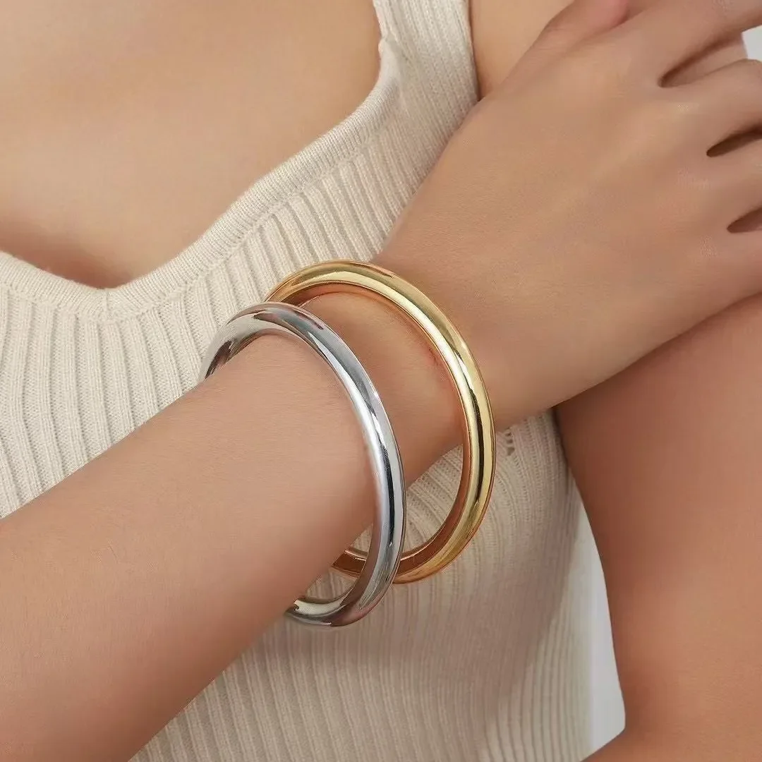 Glossy Solid Color Thick Bracelet Stainless Steel Bangle for Women Cuff Wirstband Smooth Waterproof Charm Bracelet Jewelry 3