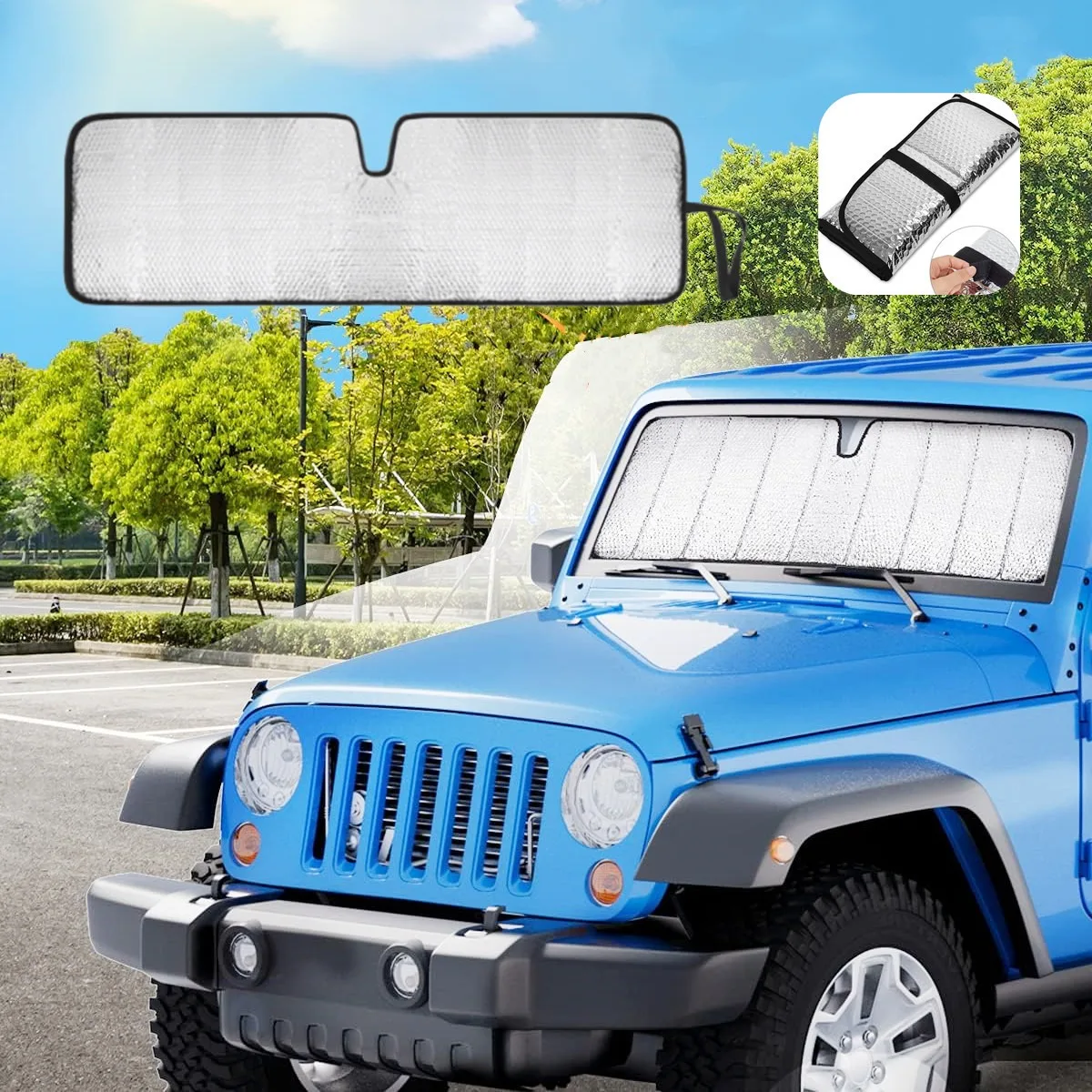 Windshield Sunshade Sun Shade Heat Shield Sun Visor Mat Compatible with Jeep Wrangler Rubicon Sahara TJ JK JKU 2 Door & 4 Door