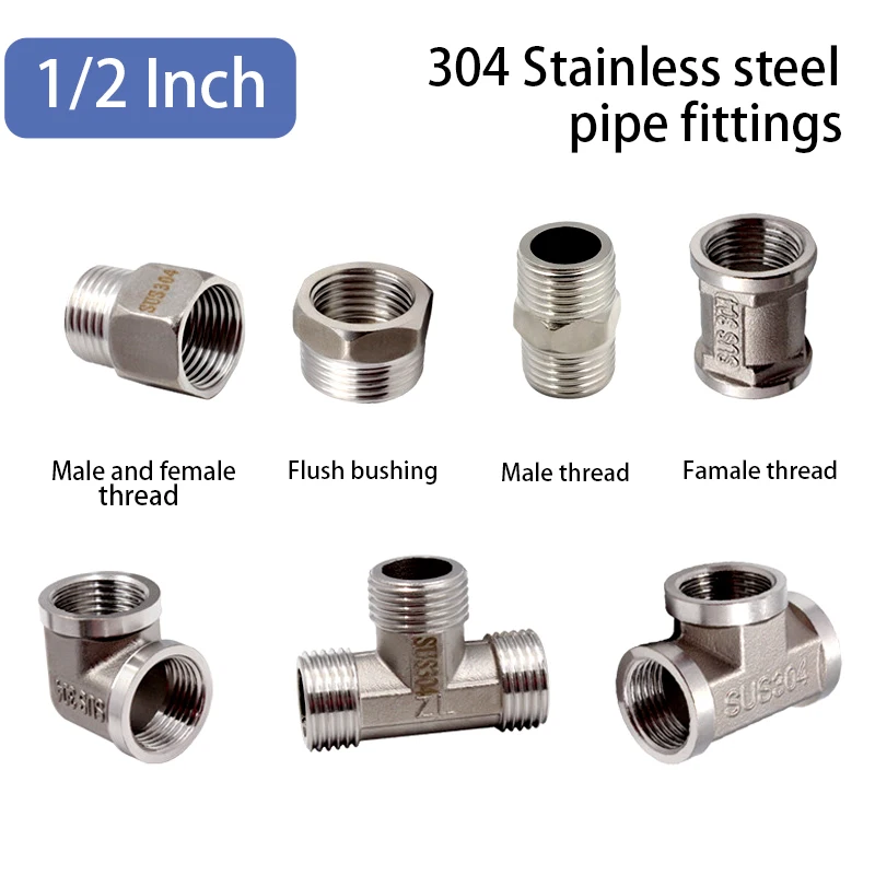 

1/2" Female Male Tees 304 Stainless Steel Pipe Fitting Pneumatic Plumbing Connector Splitter Block High Pressure bushing