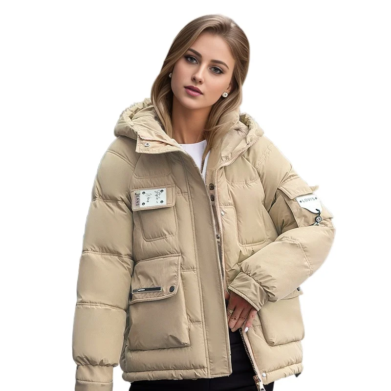 

Spliced cloth letter hooded short cotton-padded jacket women's 2023 winter new padded coat.