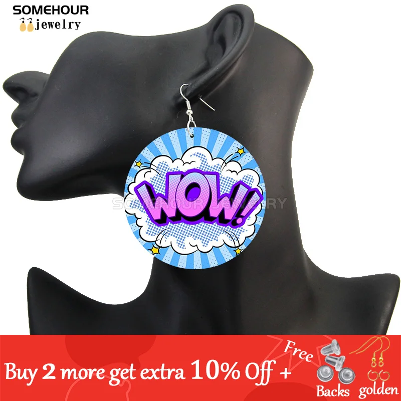 SOMEHOUR Love Queen Boom Comic Print Wooden Drop Earrings OMG LOL Bubble Cartoon Cute Pop Loops Dangle Jewelry Women Girls Gift