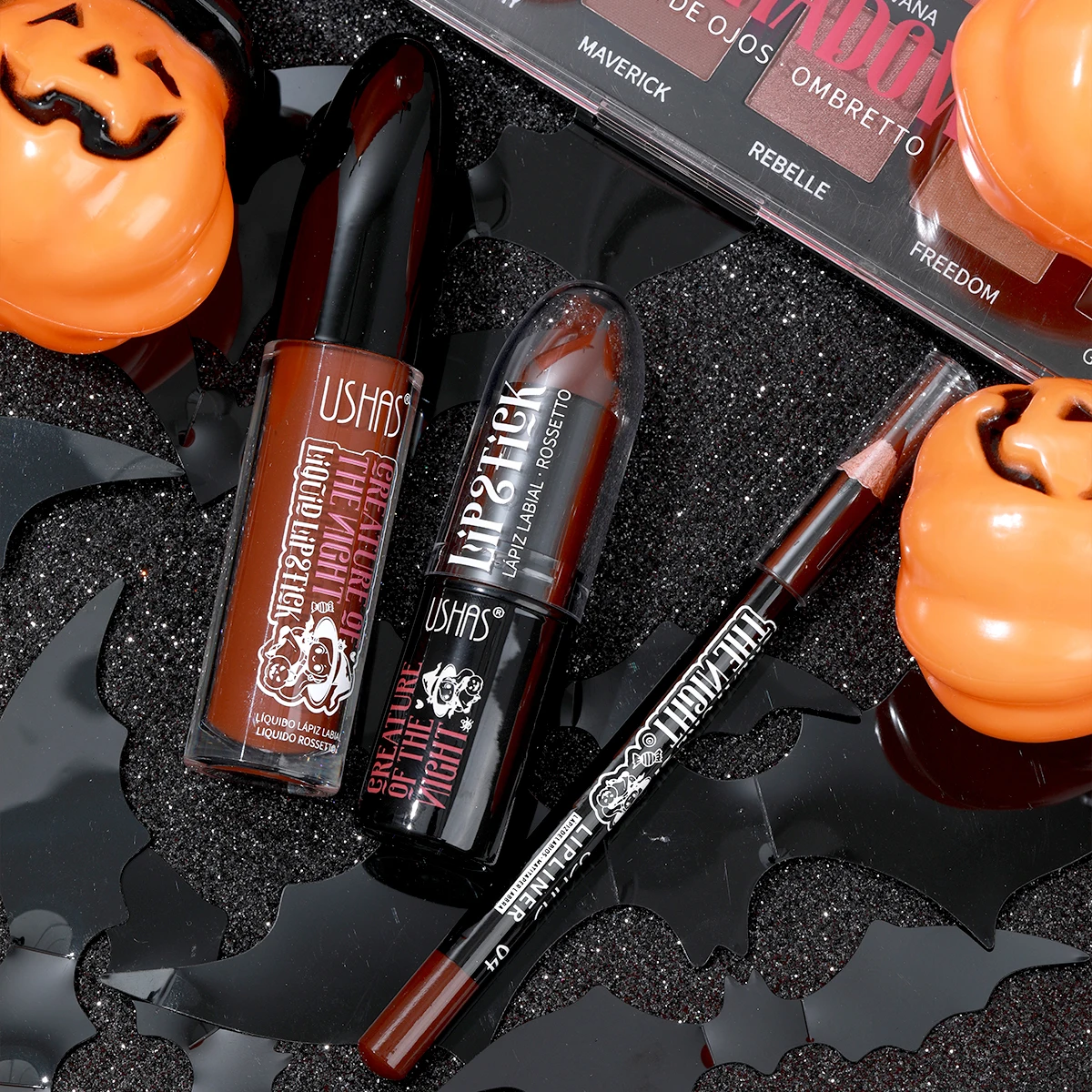 USHAS Halloween Lip Liner + Lipstick Set Black Moisturizing Long Lasting Lip Glaze Purple Brown 3 In 1 Liquid Lipstick Set