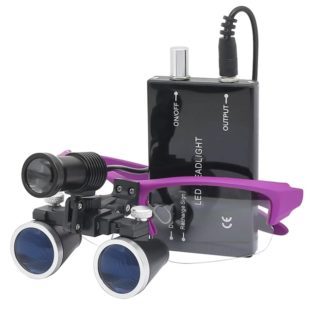2.5X/3.5X 420 mm Dental Loupe Magnifier Binocular Magnifier Surgery Surgical Operation Loupe with Spotlight Head Light Purple