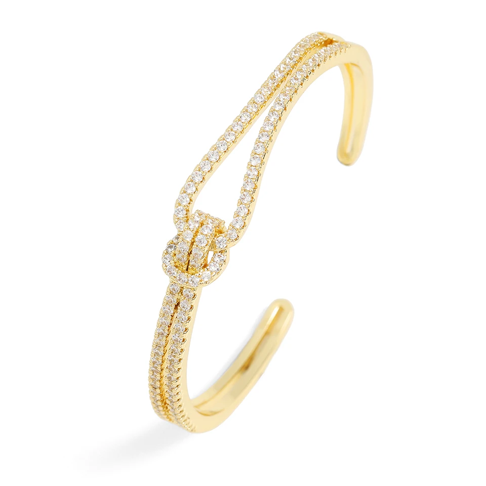 RAKOL Luxury MicroPaved Zircon Geometric Cross Splicing Open Bangles For Women Gold Color Adjustable Double Layer Bangle Jewelry 5