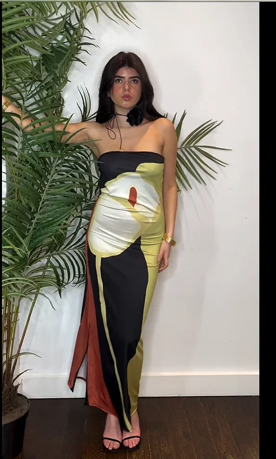 

2024 Summer Printed Sexy Strapless Backless Dress Women Fashion Loose Off Shoulder Contrasting Dresses Lady Holiday Streetwear