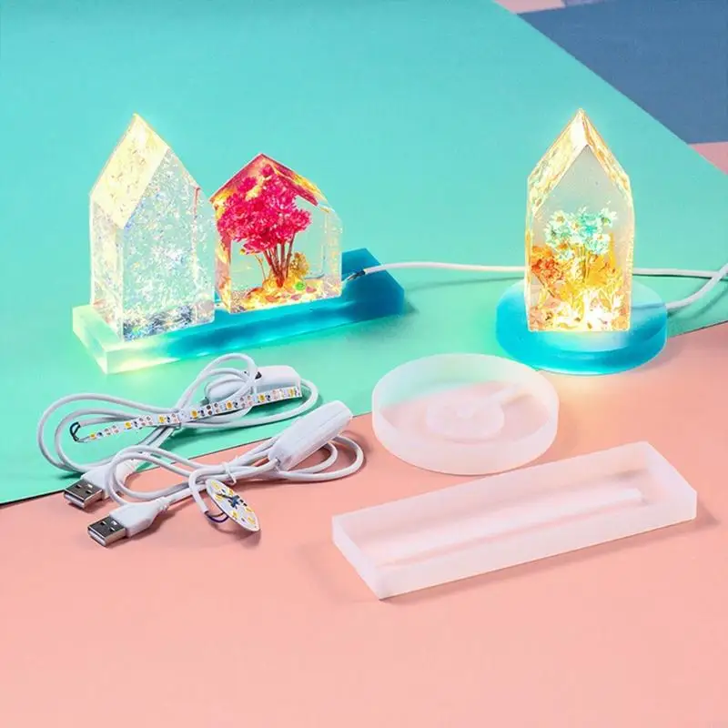 R3MC 실리콘 몰드 수지 공예 용 LED 조명 세트 DIY LED 조명 디스플레이 기본 라운드 스퀘어 조명 스탠드 크리스탈 아트