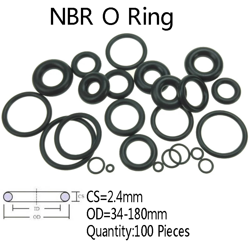 

100 Pieces CS 2.4mm NBR Rubber O Ring OD 34-180mm Automobile Black O-Ring Oil Sealing Gasket