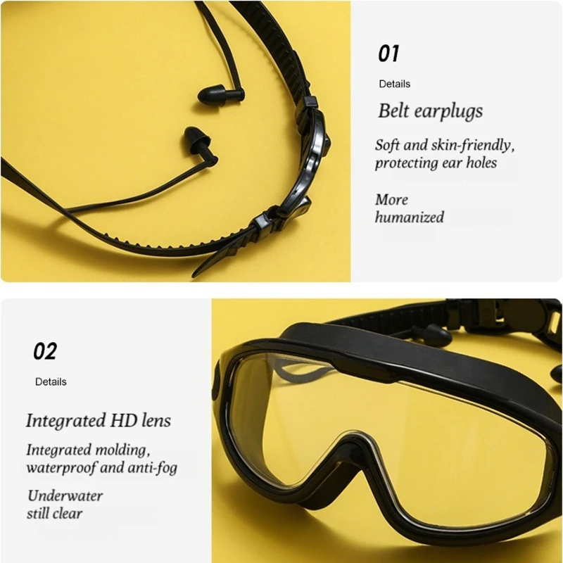 Swimming Goggles Big Frame Adults with Earplugs Swim Glasses Men Women Professional HD Anti-fog Silicone Eyewear