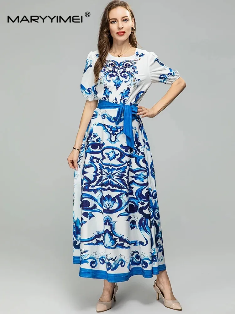 

MARYYIMEI Fashion Designer dress Summer Women Dress Crystal Lantern Sleeve Belt Slim Blue And White Porcelain Printing Dress