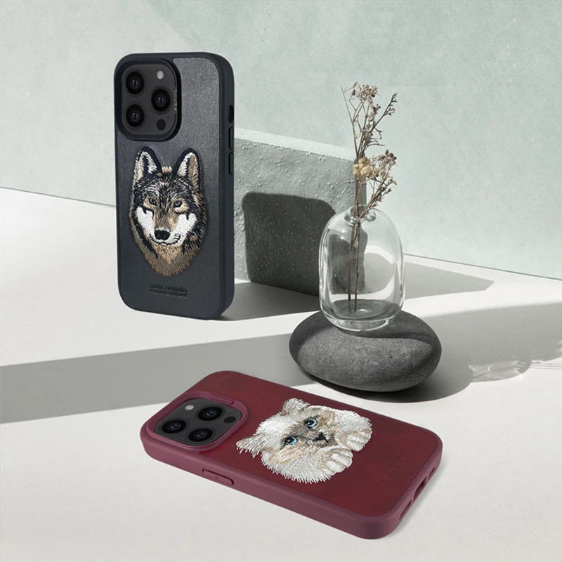 3d bordado bonito gato lobo tigre urso couro caso do telefone para o iphone  14 pro