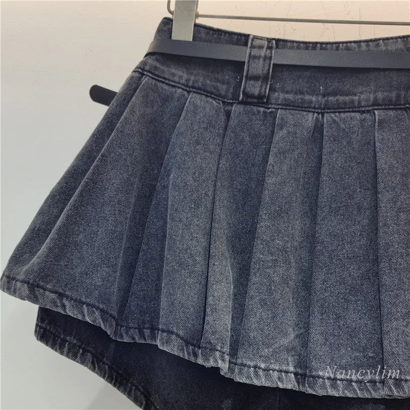 Korean Style Summer Retro Black Denim Skirted Shorts for Women Youthful-Looking Design Pleated High Waist Slimming Culottes 2024