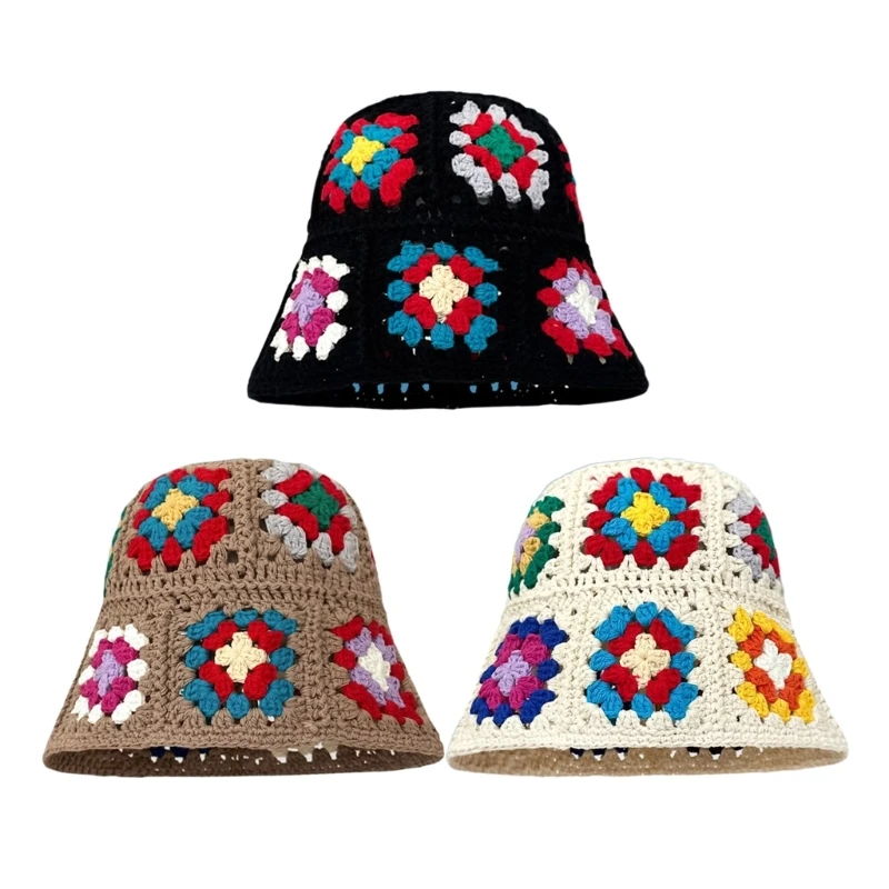 

Autumn Fisherman Hat for Woman Weaving Bucket Hat Crochet Flower Wide Brim Cap