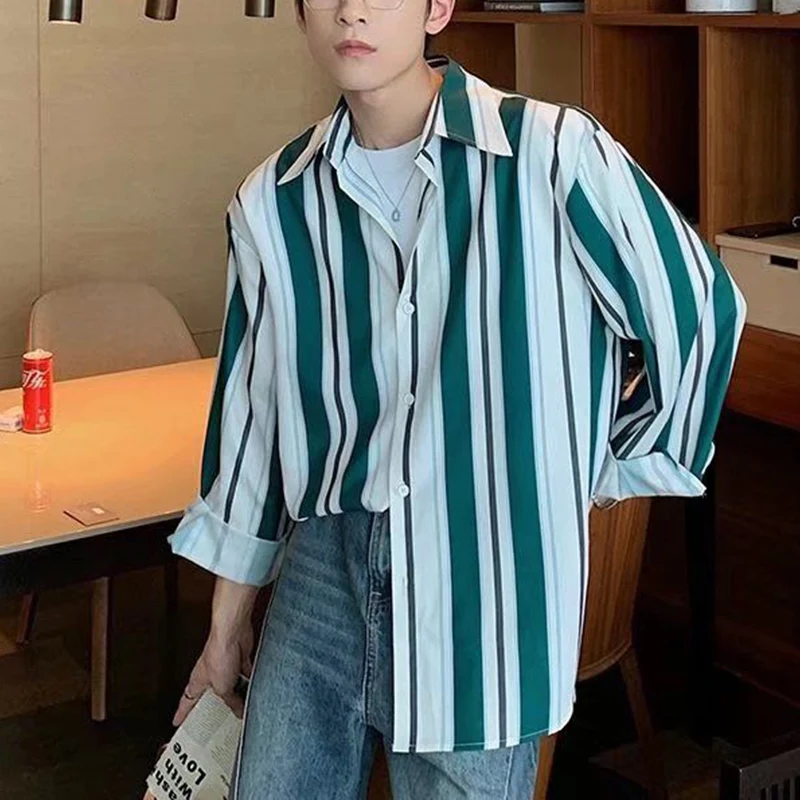 Spring Autumn Vintage Striped Printing Long Sleeve Blouse Male Polo-neck Loose Casual All-match Bottomed Tops Hombre Shirt Men