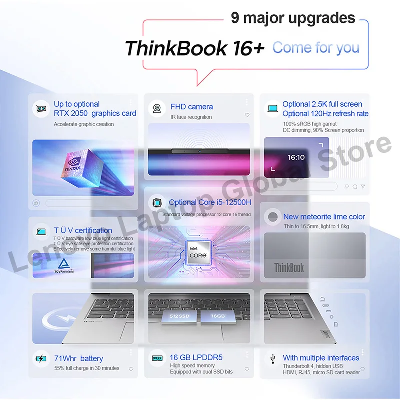 레노버 씽크북 16 + 노트북, 인텔 i5-12500H, 16GB RAM, 512GB SSD, 16 인치, 2.5K, 60Hz 컴퓨터 노트북 100%, 신제품
