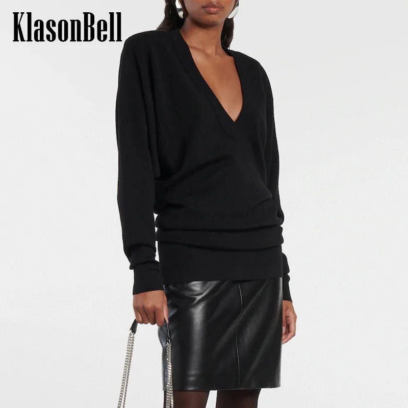 

10.31 KlasonBell-Women's Black Fashion Elegant Deep V-Neck Stretchy Knitted Slim Package Hip Dress