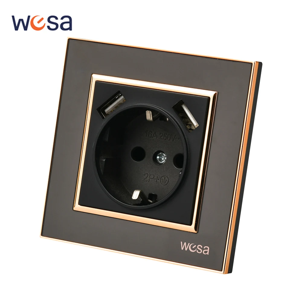 ผนังสีดําฝังสารหน่วงไฟพร้อม Ground 250V แผงอะคริลิค EU มาตรฐานปลั๊กไฟฟ้าคลาสสิก USB Power Sockets 250V 1