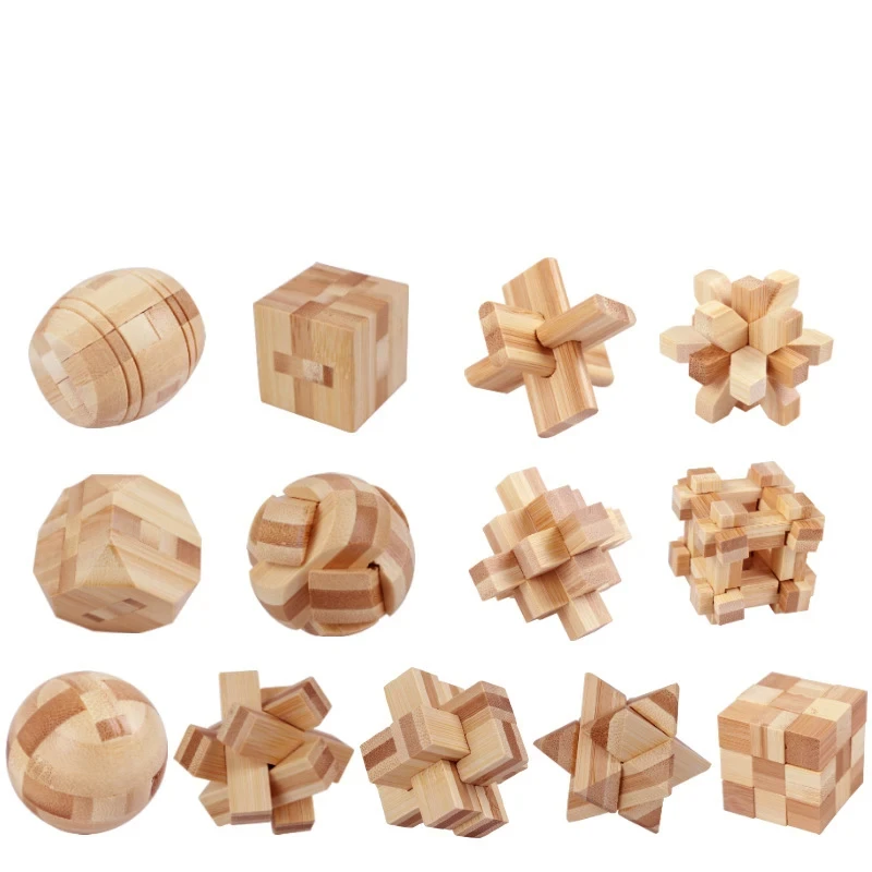 Montessori 3D Puzzles Game Unlock Toys Wooden Kong Ming Lock Lu Ban Lock IQ Brain Teaser Educational Toy for Kids Children Adult 3