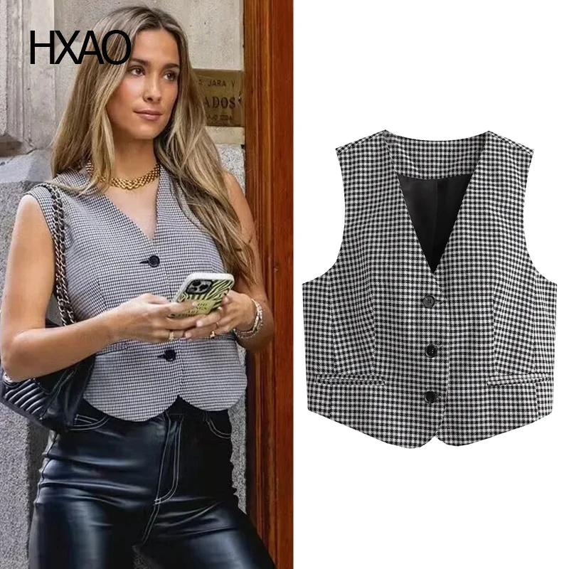 

HXAO Plaid Vests for Women Suit Vest Sleeveless Jacket Woman Waistcoat Female Vest Casual Short Coats Vests Lady Office 2024