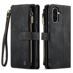 Vintage Leather Flip Wallet Case - Retro Book Style with Card Holder Slots - Galaxy A17 (Black)