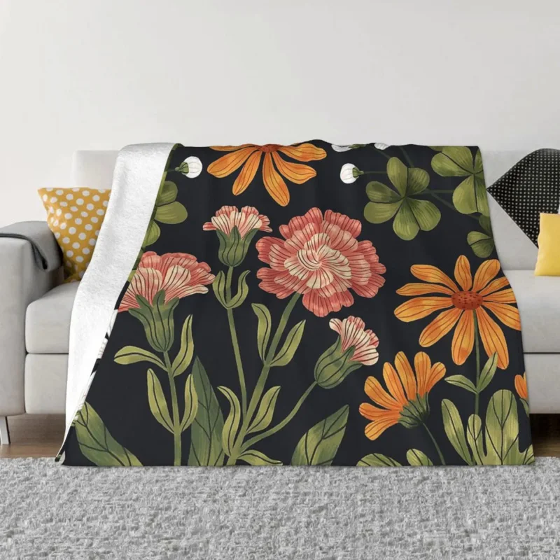 

Art Blanket Flannel Decoration Wild Flowers Dark Portable Home Bedspread