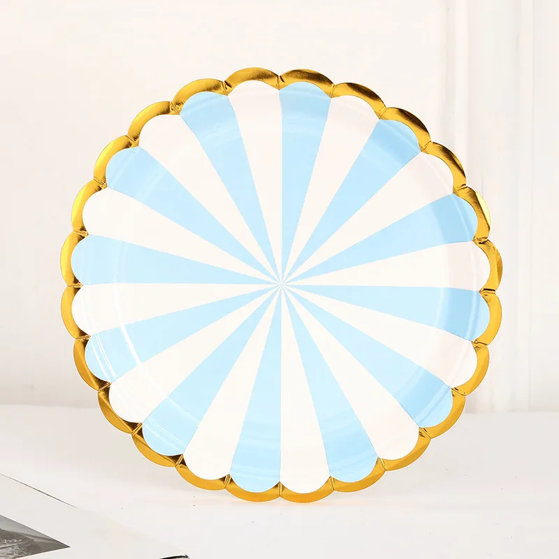 Blue Pink Disposable Paper Tableware Christmas Party Hot Gold Striped Paper Plate Set Decoration Supplies צלחות חד פעמי יפני종이그릇