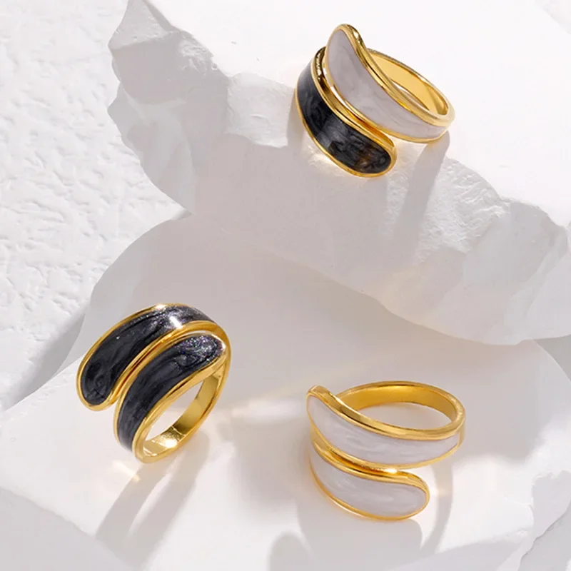 Elegant Black and White Enamel Stainless Steel Double Layer Adjustable Ring