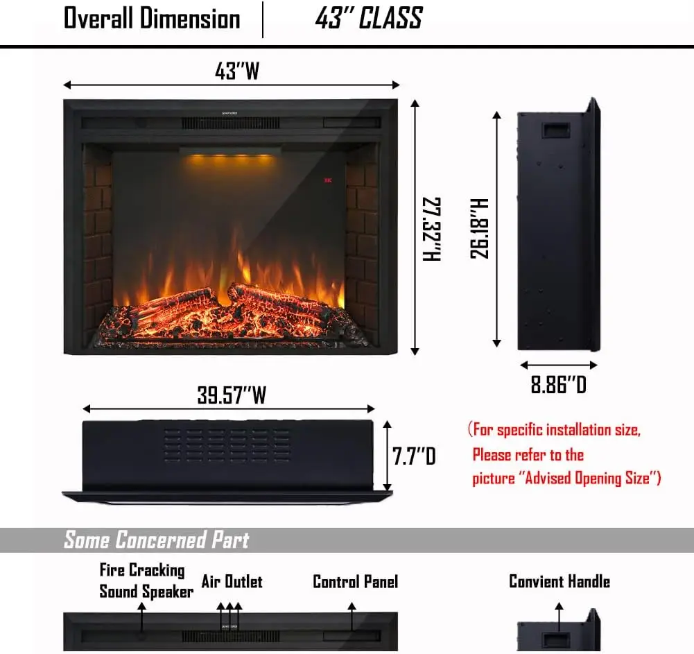 43'' Electric Fireplace Insert, Retro Recessed Fireplace Heater W/ Fire Cracking Sound, Remote Control & Timer, 750/1500W, Black 5