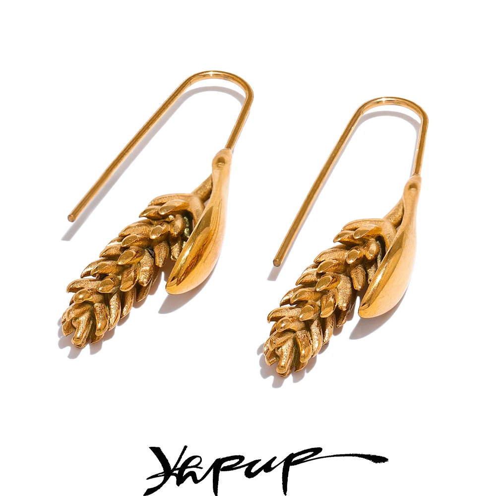Yhpup New 316L Stainless Steel Ear of Wheat Fashion Earrings 18K Gold Plated Water Resistant Personal Statement Jewelry Women