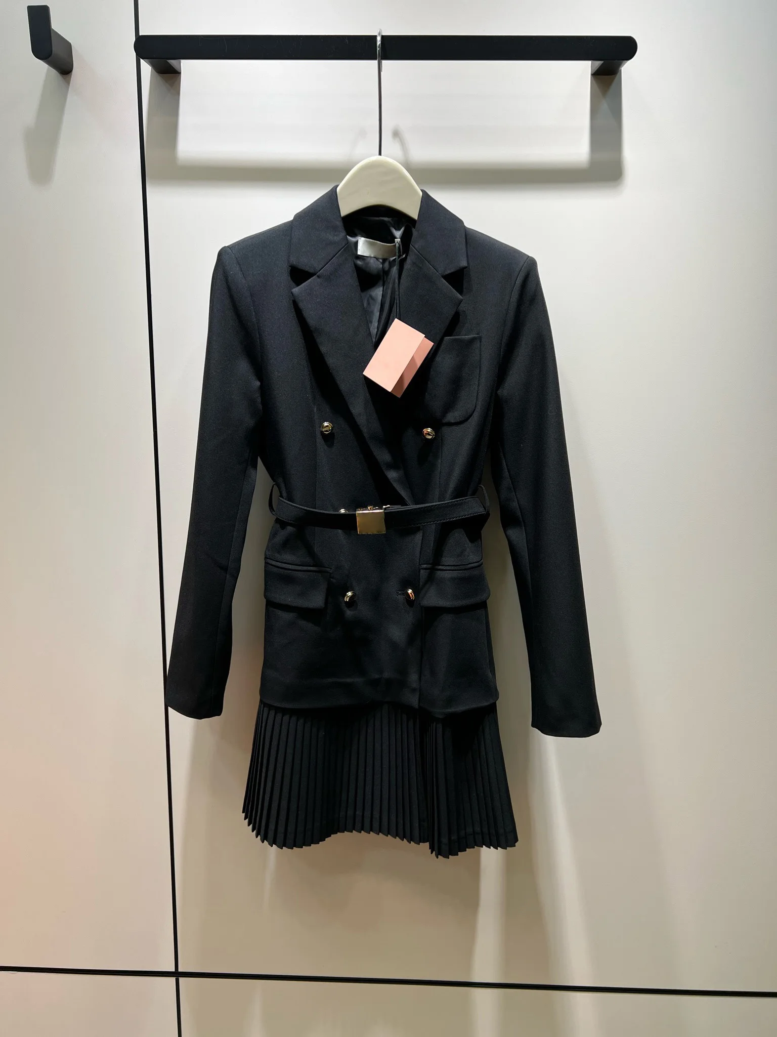 페이크 투 패치워크 디자인 더블 브레스트 플리츠 세트 스커트, 가을 및 겨울 신상