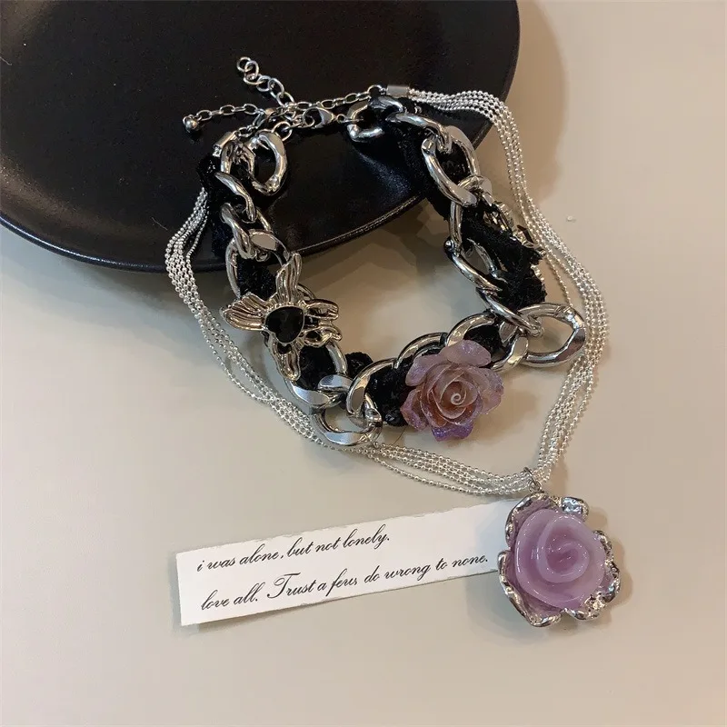 Y2K Purple Crystal Flower Pendant Necklace For Women Stainless Steel Punk Choker Clavicle Chain Aesthetic Necklace Jewelry Gift