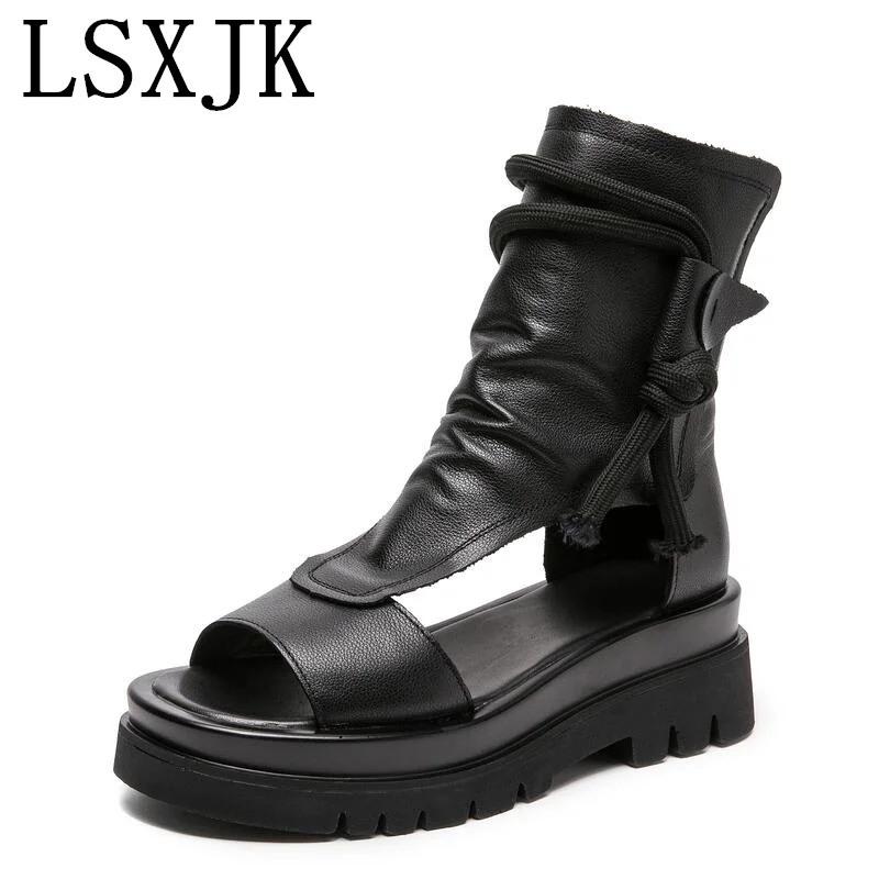 

LSXJK Sandals Woman Summer 2022 Genuine Leather Women's Thick-Soled Muffins Fish Mouth Sandals High-Top Flat Roman Casual Shoes