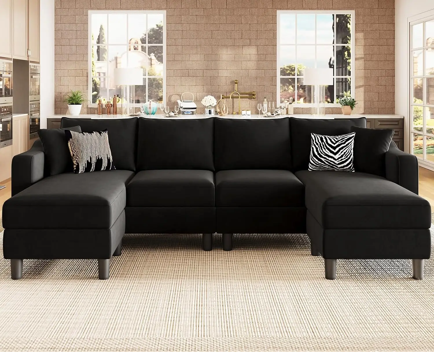 U Shaped Sectional Sofa Velvet Sectional Couches with Ottomans Velvet Convertible Sofa with Reversible Chaises for Living Room