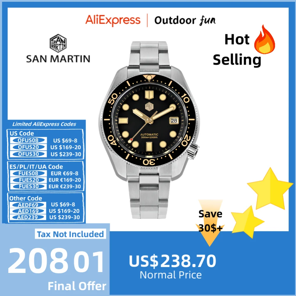 

San Martin 44mm MM300 Black Turtle NH35 Men's Watch Mechanical Vintage Sapphire Date Window Gilt Dial 30Bar Reloj Hombre SN0087