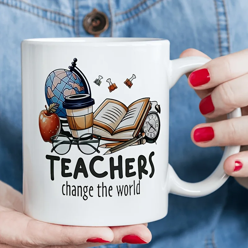 1 Inspirational Teacher Ceramic Coffee Mug - "Teachers Change the World" Print Design with Education Symbols, Machine Washable - Image 3