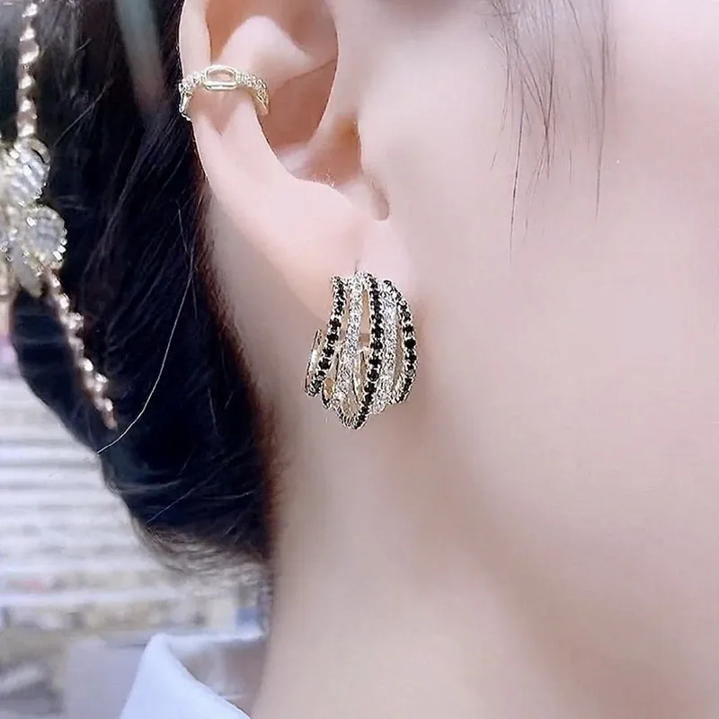 New C-Shape Round Inlaid Black Zircon Earrings Women\'s Personality Stylish Luxurious Daily Accessory Party Jewelry Birthday Gift