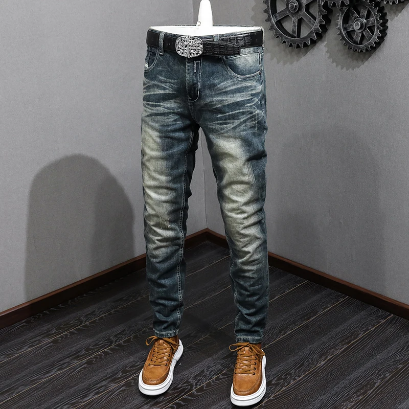 italian style fashion men jeans retro distressed elastic slim fit ripped jeans men scratch vintage designer casual denim pants Italian Style Fashion Men Jeans Retro Blue Elastic Slim Fit Ripped Jeans Men Vintage Designer Casual Stretch Denim Pants Hombre