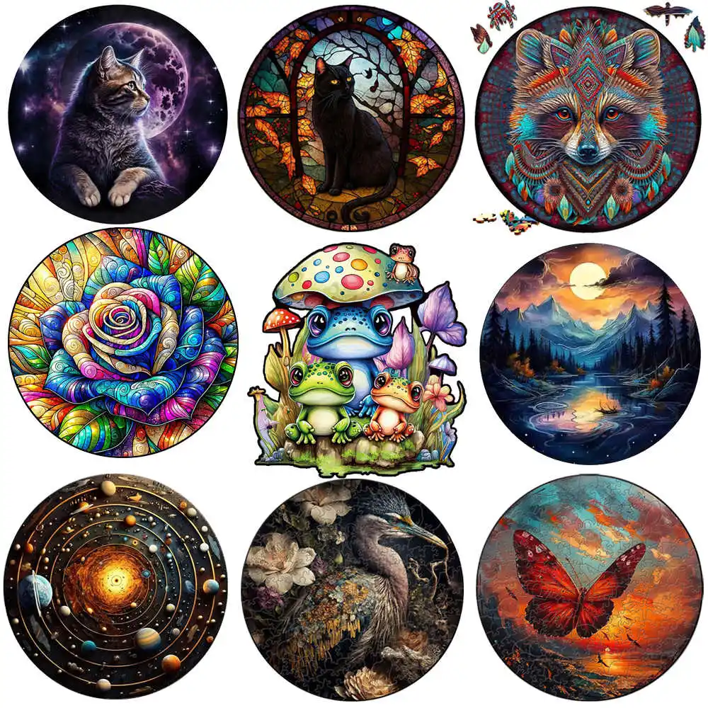 Wooden jigsaw puzzles frog cat circular 3d for kids adults interesting DIY brain games