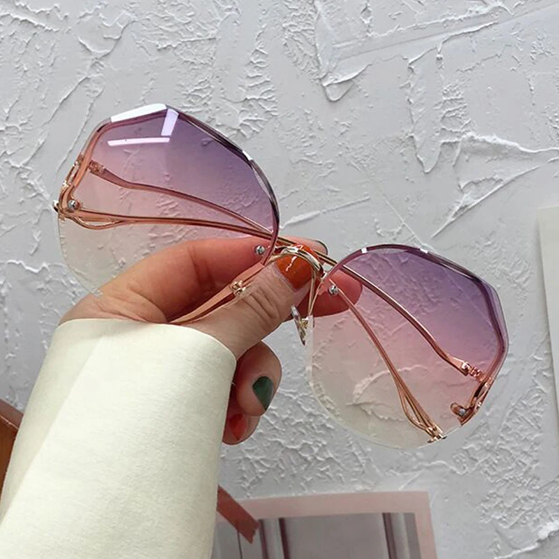 Irregular Round Sunglasses Woman Brand Designer Gradient Fashion Sun Glasses Female Rimless Metal Curved Temples Oculos_voghion.com