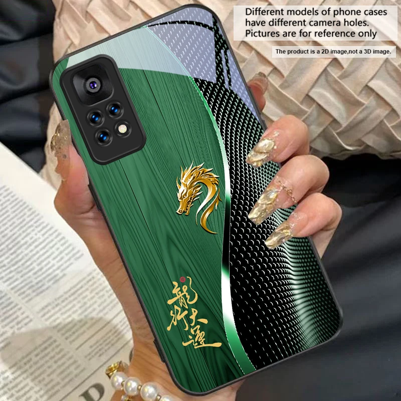 Elegant Black Tempered Glass Phone Case with Traditional Dragon Totem Design