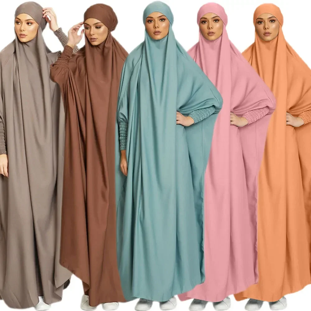 

Ramadan Hooded Abaya Satin Muslim Women One Piece Jilbab Prayer Garment Hijab Dress Abayas Dubai Long Khimar Robe Islam Niqab