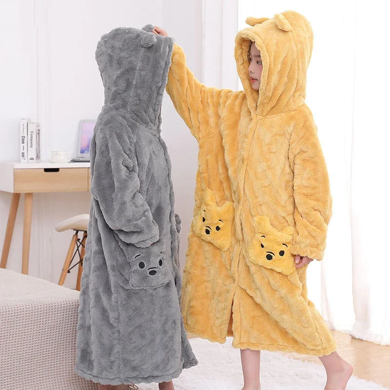 New Winter Sleepwear for Kids Fashion Children Flannel Warm Bathrobe Yellow Cartoon Bear Bath Robe Teenage Hooded Long Homewear