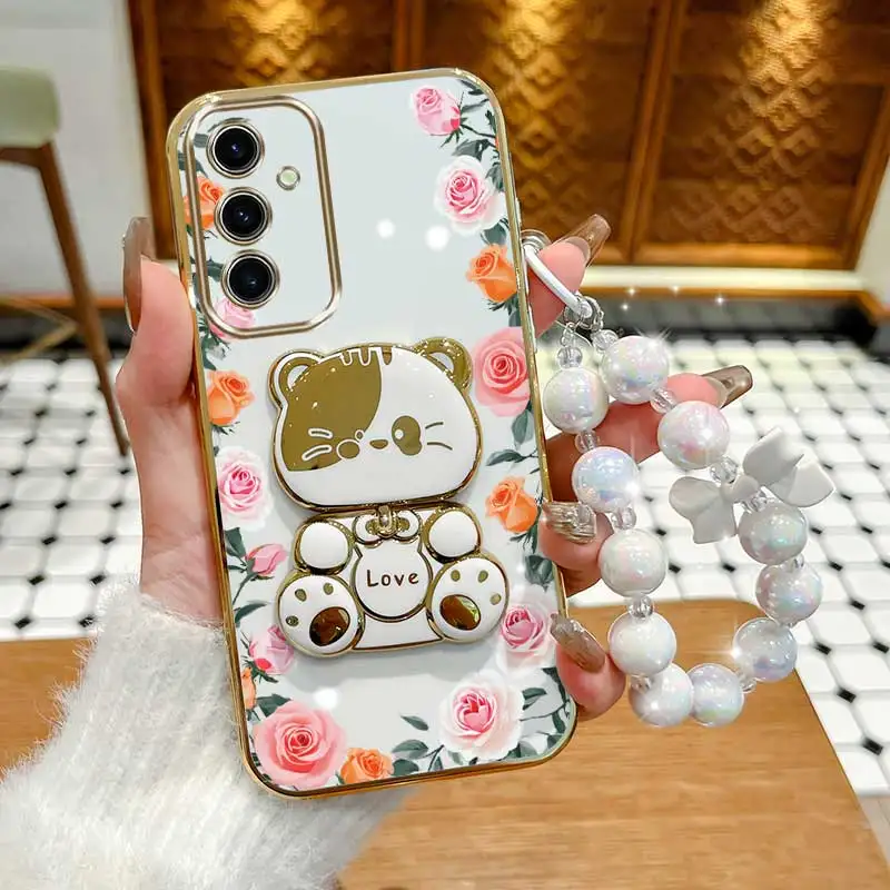 3-Piece Set: Gradient Rose Leaf Phone Case with Lanyard and Stand