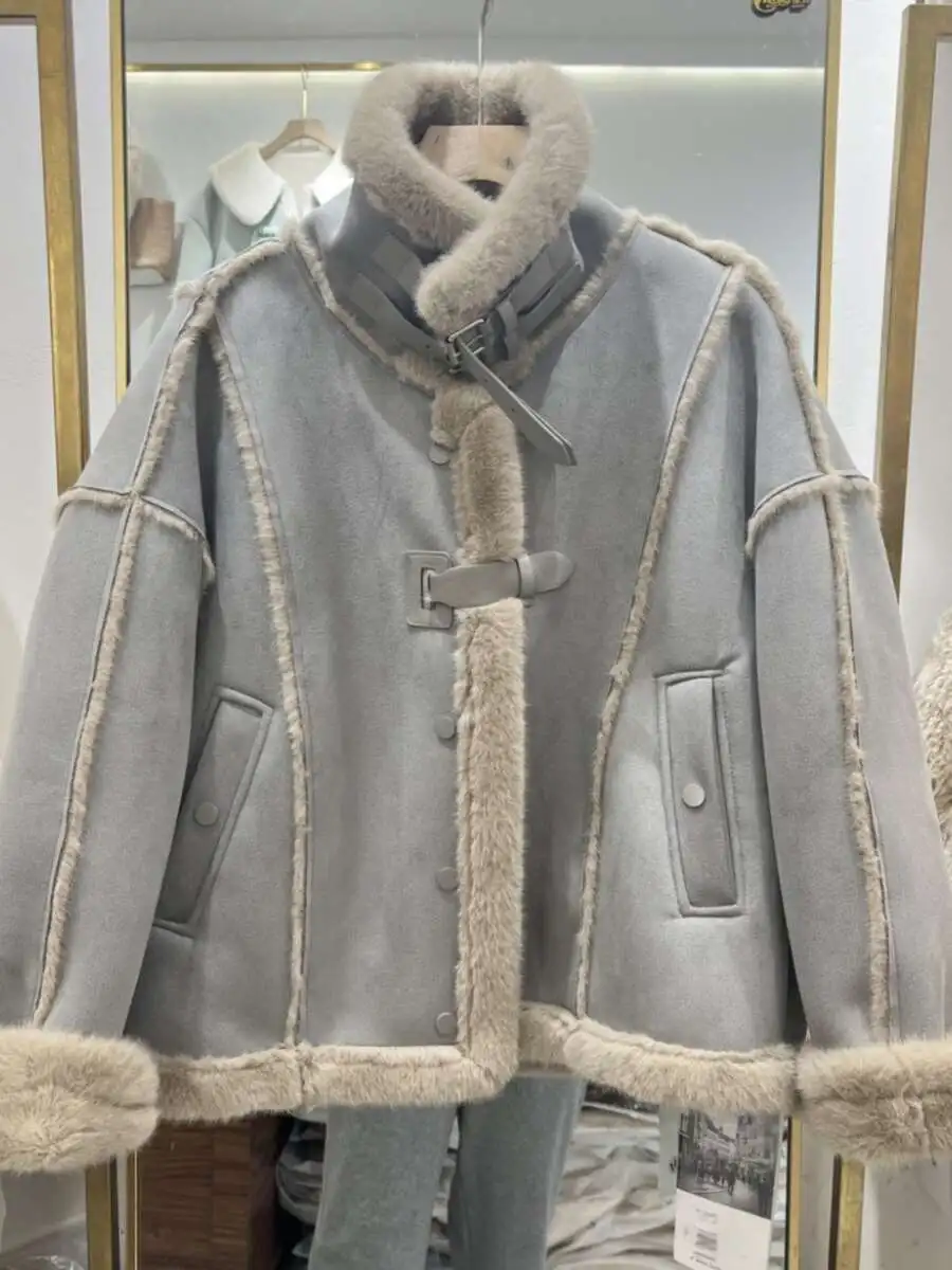 Lamm integrierte Jacke für Frauen mit einem Gefühl von Luxus 2023 Winter neuer Nerzpelz Plüsch Stehkragen Motorradanzug_voghion.com