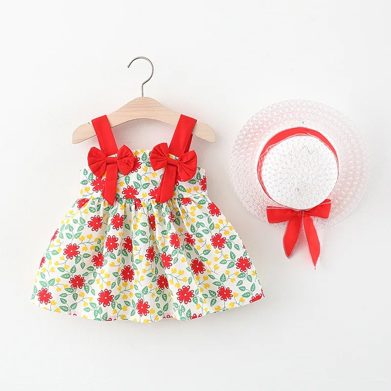 2Piece Summer Clothes Baby Girls Boutique Outfits Korean Cute Bow Sleeveless Beach Dresses Newborn Flowers Dress+Sunhat BC018 - Image 5