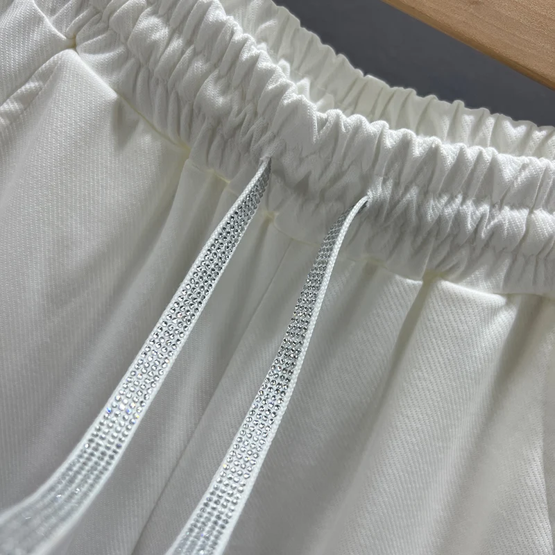 Diamond-Embedded Wide-Leg Shorts Women's Fashionable 2023 New Summer Lace-up High Waist Loose and Slimming Casual Hot Pants