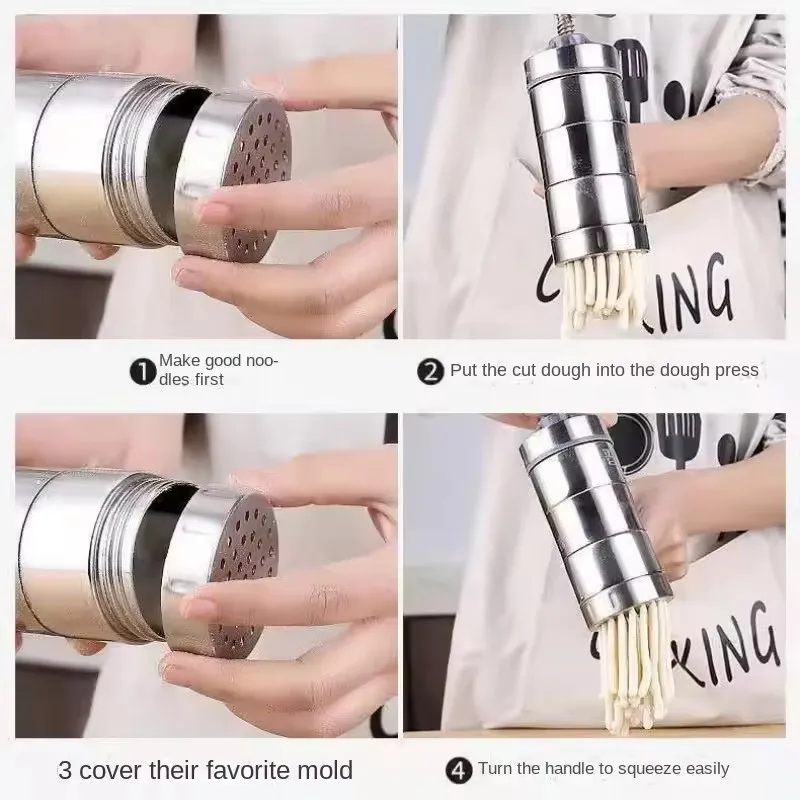 Stainless Steel Household Small Manual Noodle Pressing Machine Shake Pasta Noodle Making Machine with 2 Interchangeable Molds